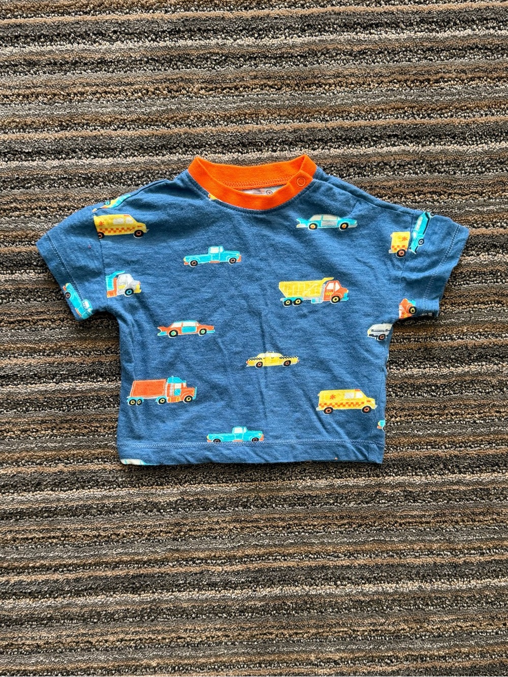 Hatley Baby Boy Blue Truck & Car Print Tee with Orange Neck